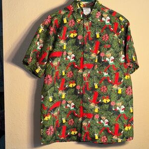 Elf on the Shelf with beer, ornaments, short sleeve button up collared Christmas